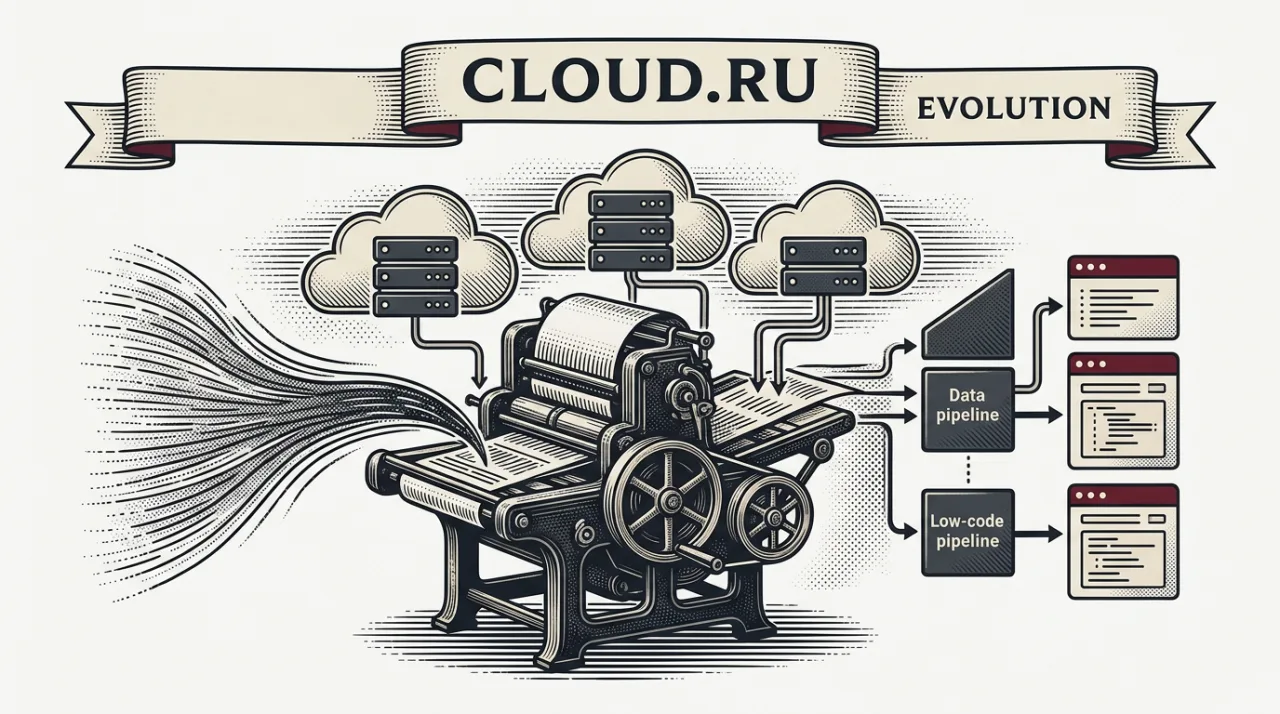 Гравюрная иллюстрация Cloud.ru Evolution с low-code конвейером и ИИ-агентами в винтажном газетном стиле.