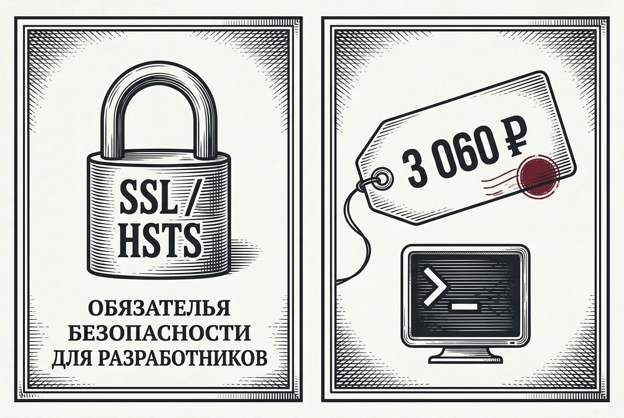Гравюрная инфографика с ценой 3060 рублей и требованиями SSL для зоны .DEV