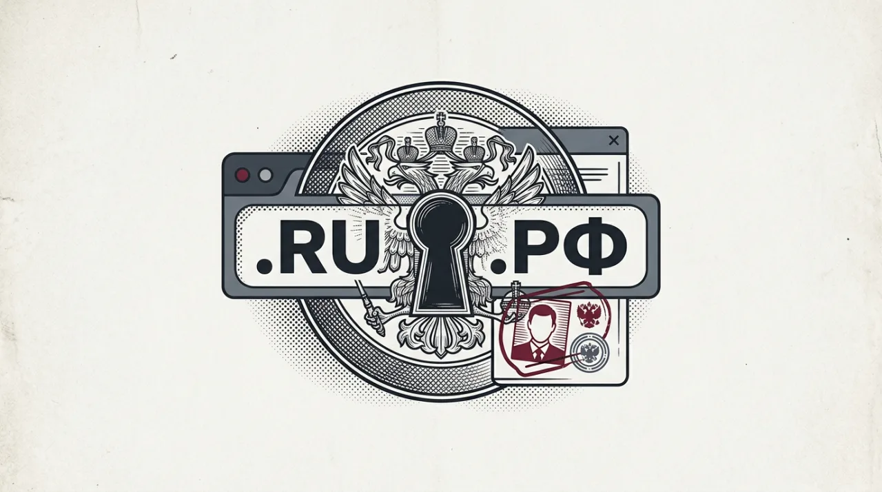 Гравюрная иллюстрация регистрации доменов .RU и .РФ с цифровой печатью верификации через Госуслуги