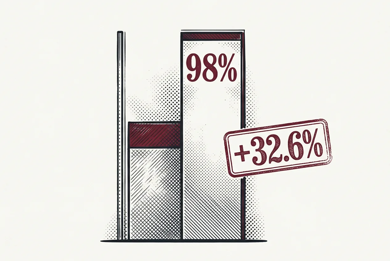 Газетная инфографика с показателем 98% заблокированных доменов и приростом в 32,6%
