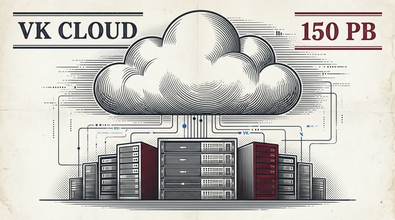 Гравюрная иллюстрация облачного хранилища S3 от VK Cloud с серверами и инфографикой объема данных
