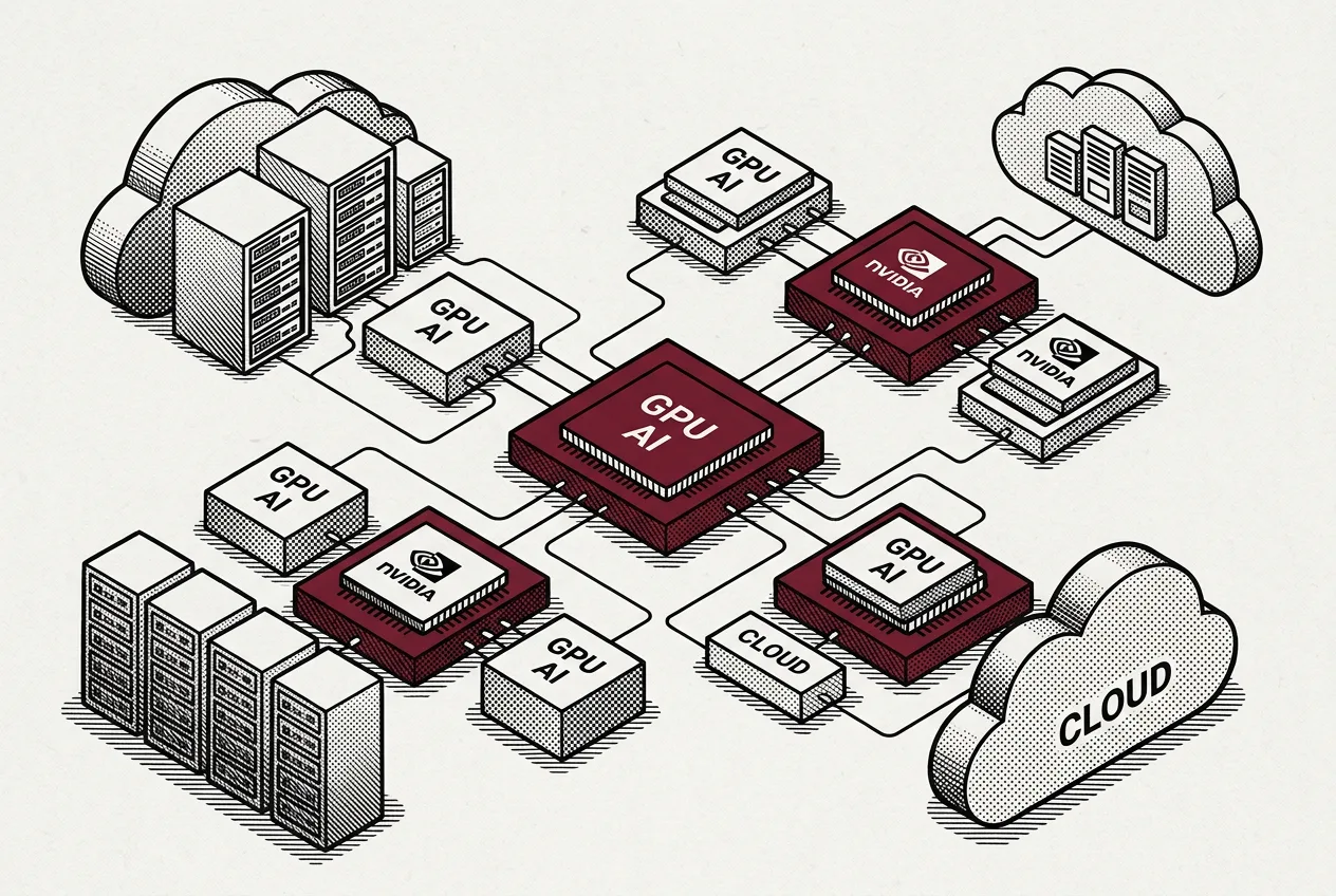 Гравюрная инфографика реальной облачной AI-инфраструктуры REG.RU с серверами GPU.