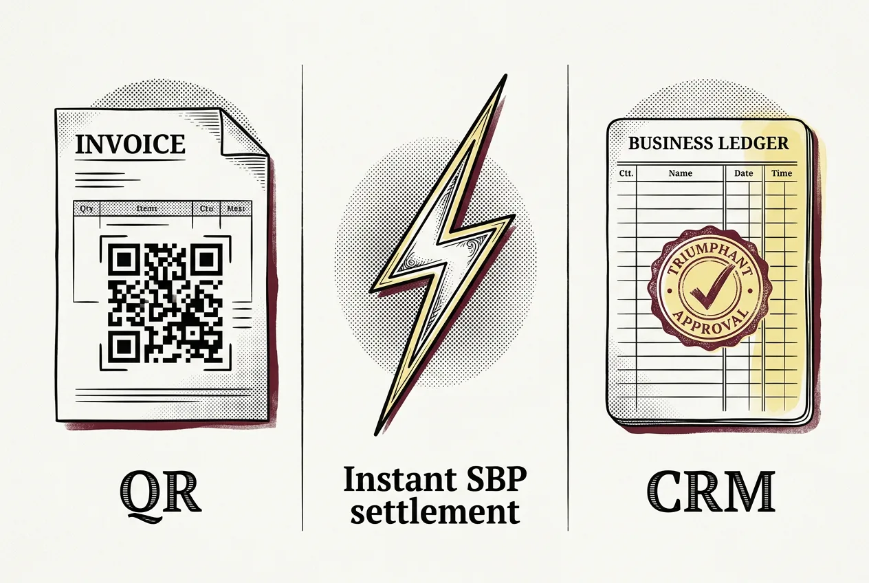 Гравюрная инфографика автооплаты через СБП API в CRM-системах