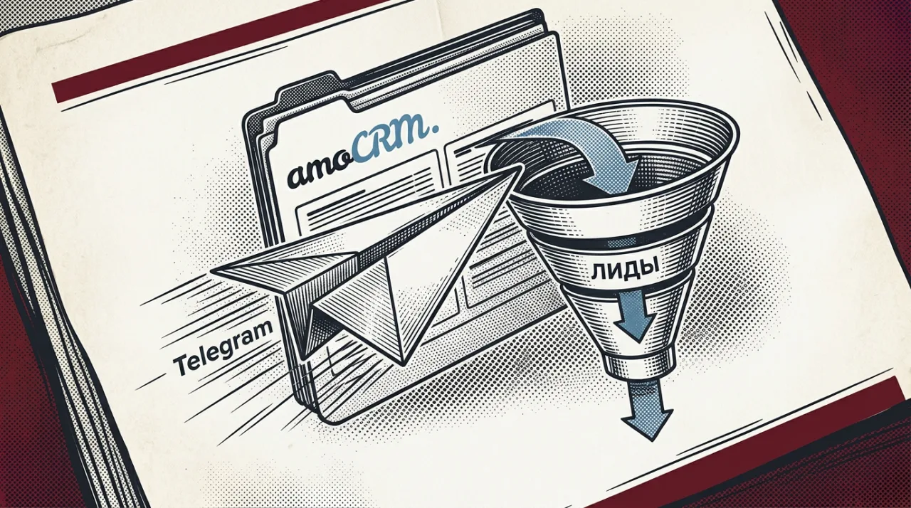 Иллюстрация интеграции amoCRM и Telegram в винтажном газетном стиле для автоматизации лидов.