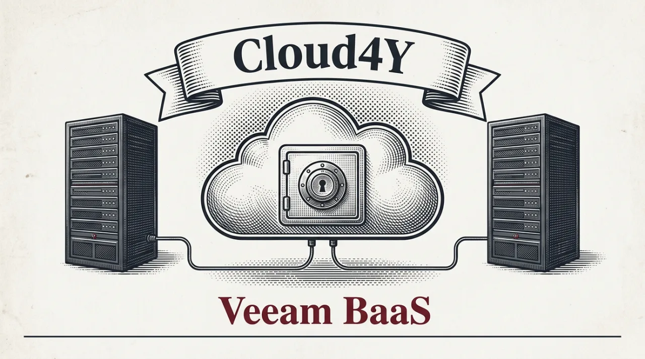 Гравюрная иллюстрация резервного копирования BaaS от Cloud4Y на базе Veeam в газетном стиле.