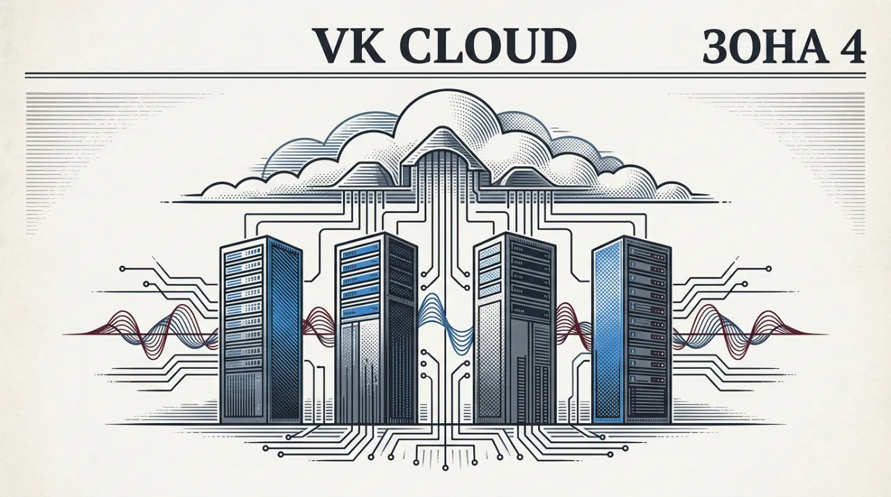 Гравюрная иллюстрация расширения облачной инфраструктуры VK Cloud с четырьмя зонами доступности в России.