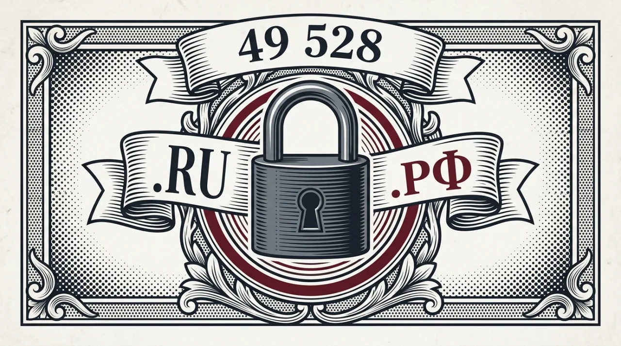Гравюрная иллюстрация с печатью безопасности и доменами .RU/.РФ на фоне газетной страницы