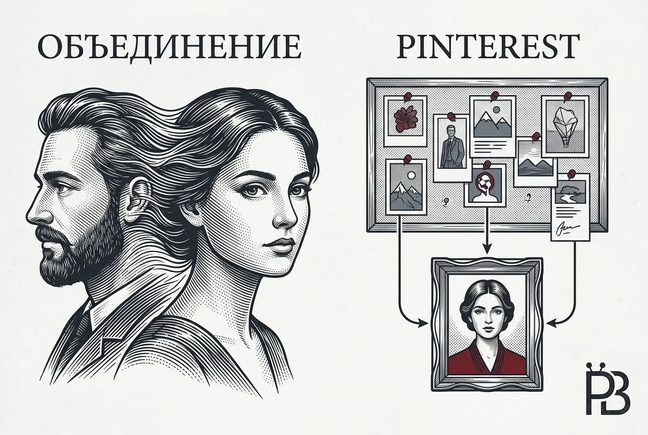 Схема режимов генерации нейрофотосессий PicBloom: объединение двух фото и повтор из Pinterest
