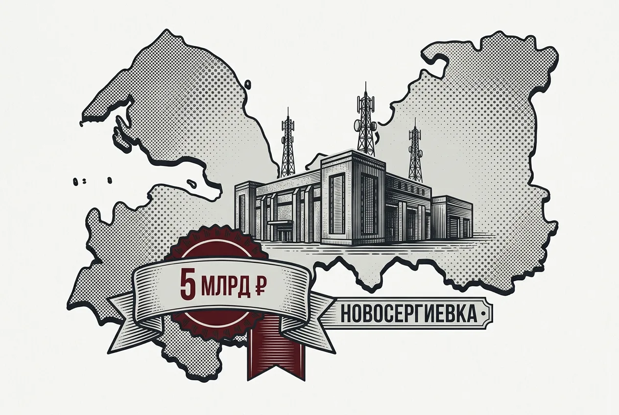 Винтажная газетная инфографика инвестиций VK в строительство дата-центра в Ленинградской области.