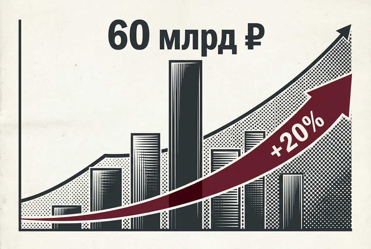 Газетный график роста российского рынка ИИ-ускорителей с показателями 60 млрд рублей и +20%