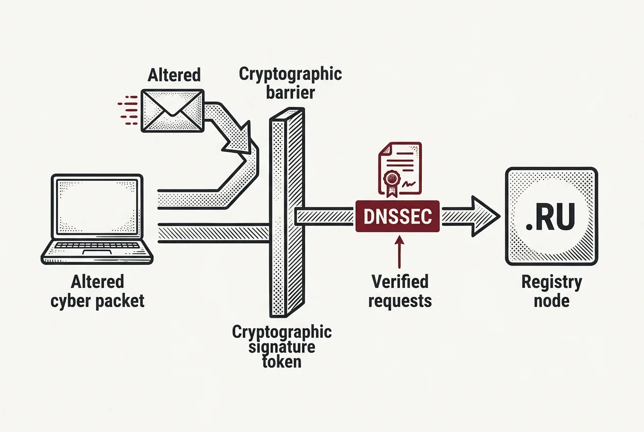 Инфографика принципа работы DNSSEC и защиты от подмены DNS-ответов