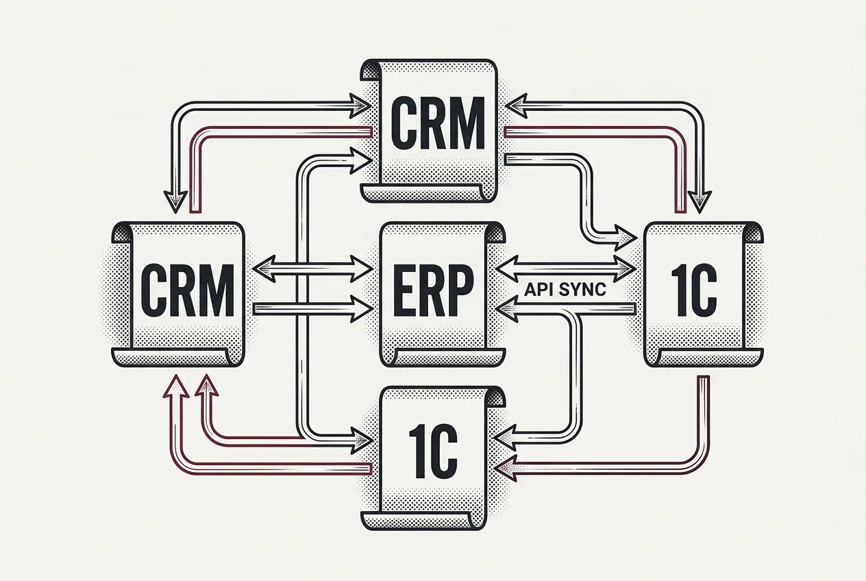 Схема синхронизации Jira с российскими CRM и 1С в стиле газетной графики.