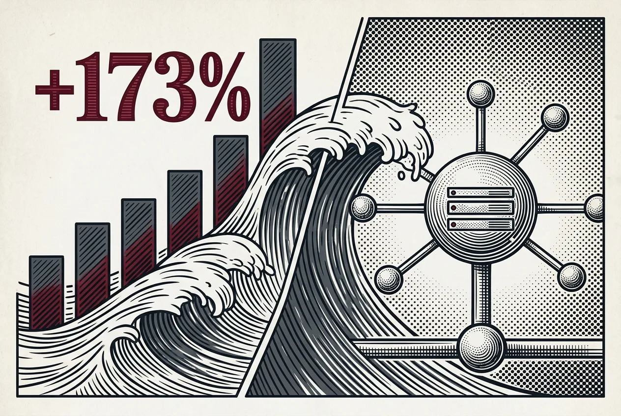 Инфографика в газетном стиле о росте пиковой мощности DDoS-атак на 173%