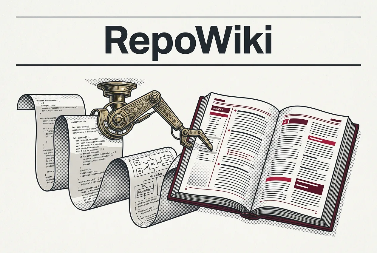 Винтажная гравюра сервиса RepoWiki для автоматического анализа и документирования кода