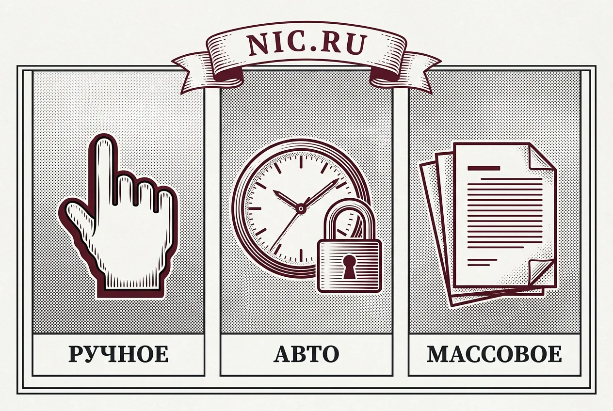 Гравюрная инфографика со способами продления доменов в личном кабинете на nic.ru.