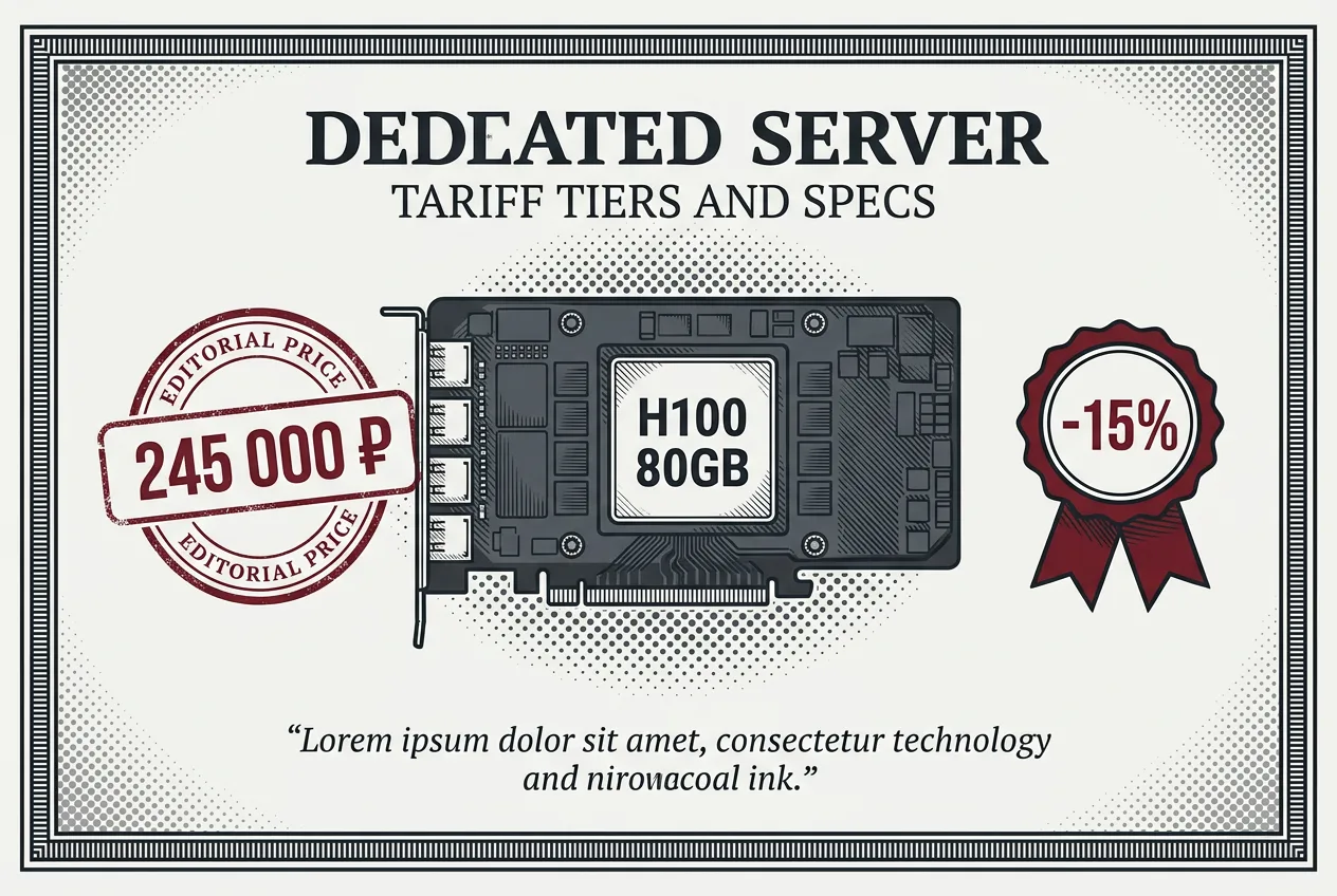 Газетная инфографика тарифов и характеристик серверов Selectel с GPU H100.