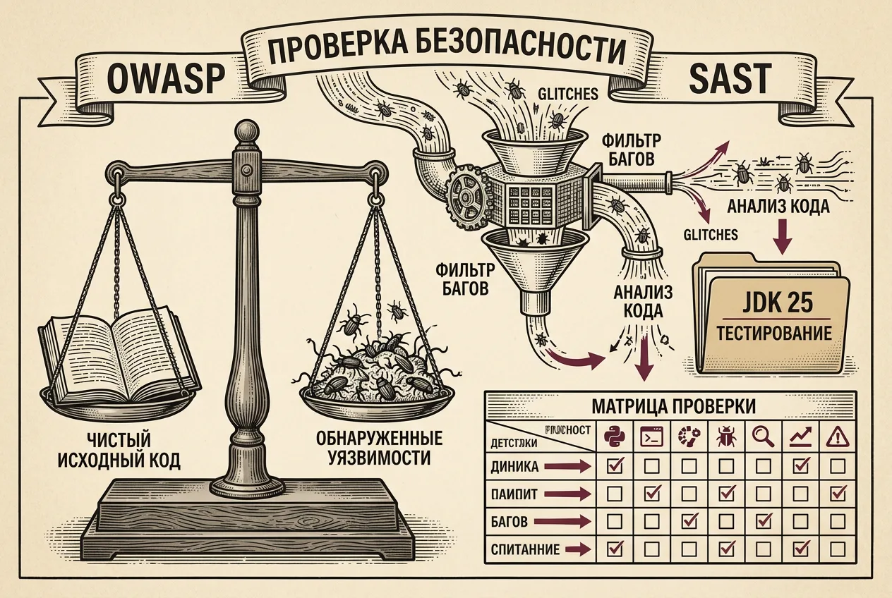 Винтажная инфографика соответствия SAST-анализатора стандартам OWASP Benchmark и JDK 25.