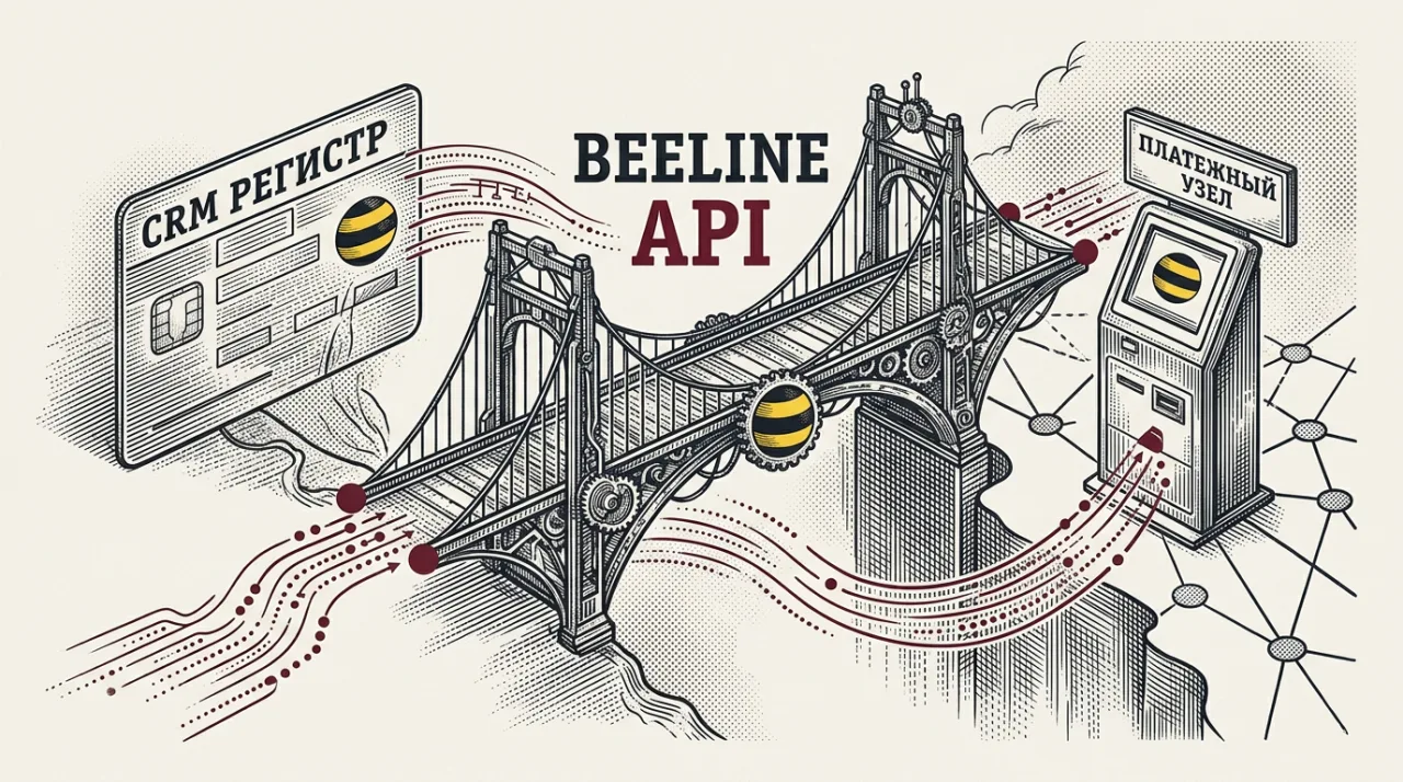 Обновление API Beeline для интеграции платежей с CRM-системами в ретро-стиле гравюры