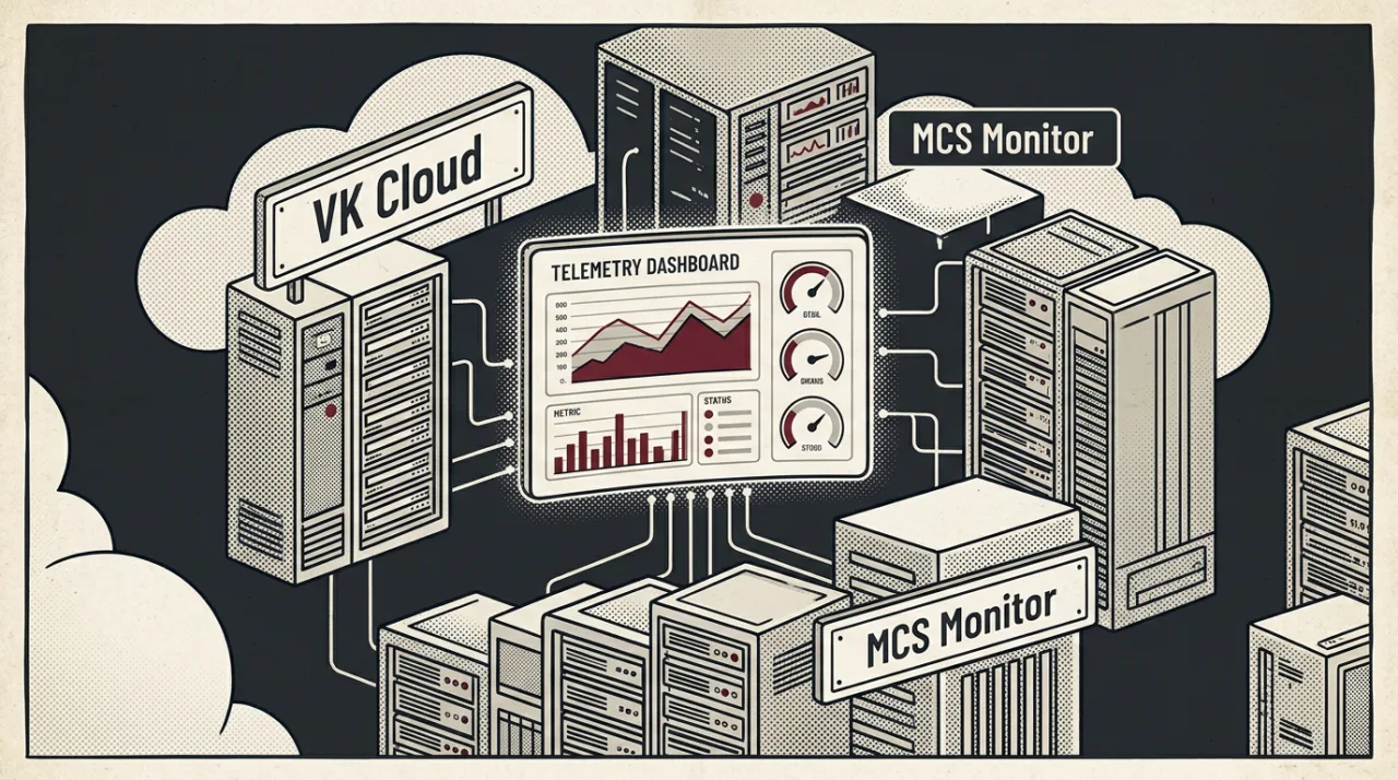Гравюрная иллюстрация мониторинга облачной инфраструктуры MCS Monitor в VK Cloud