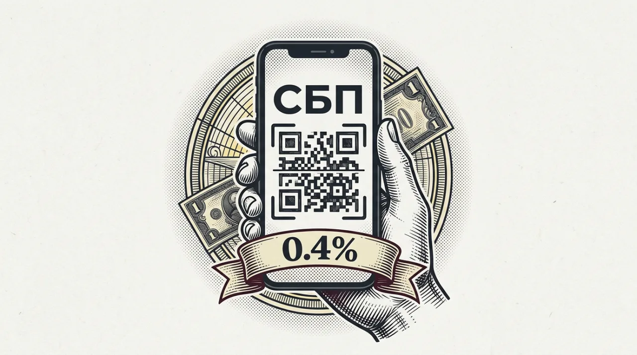 Гравюрная иллюстрация смартфона с QR-кодом СБП и комиссией 0,4% в газетном стиле Т-Банка