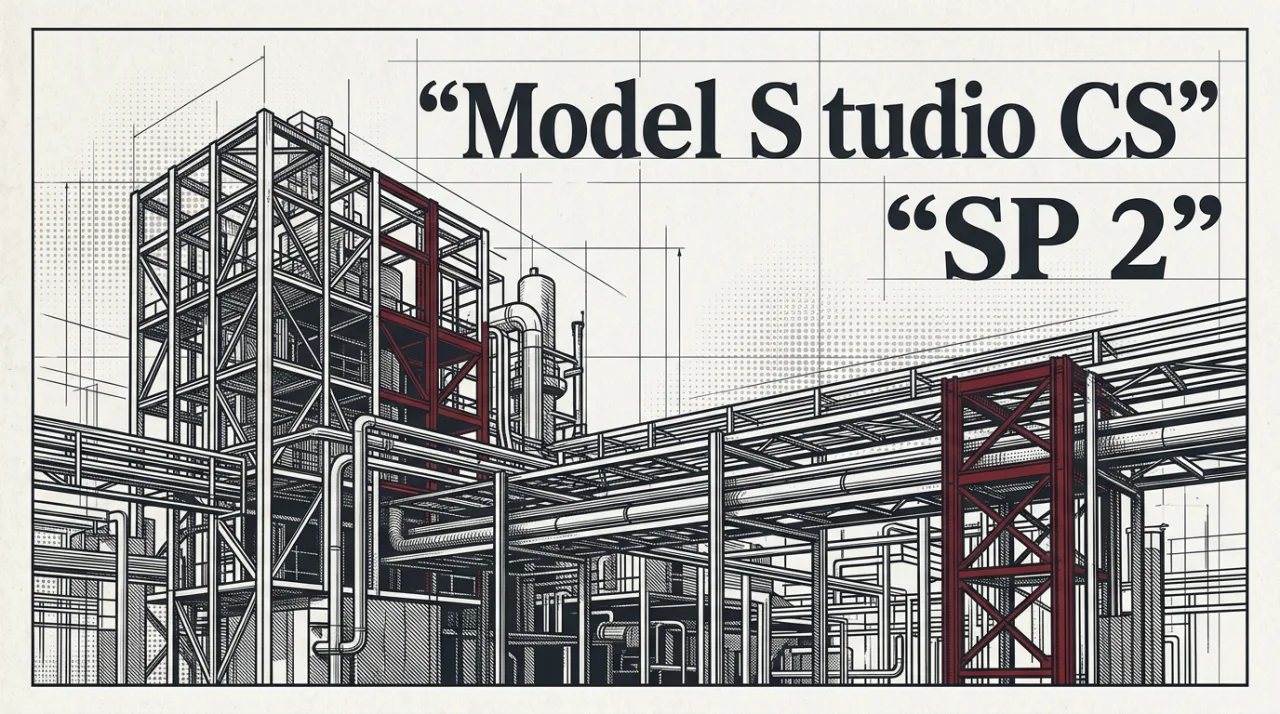 Гравюрная иллюстрация обновления Model Studio CS Service Pack 2 для ТИМ-проектирования.