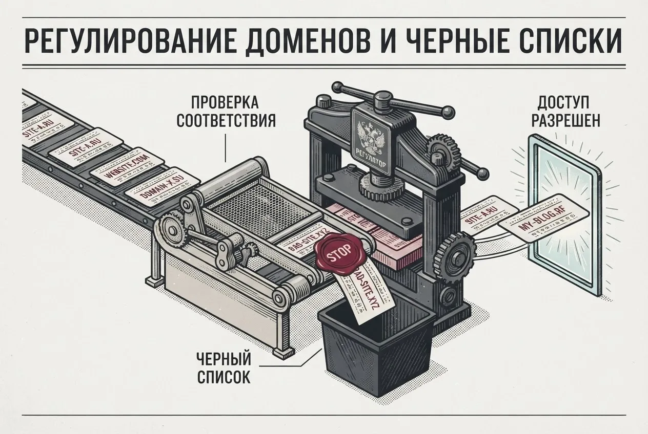 Газетная инфографика проверки и стоп-листов доменных имен для регистраторов.