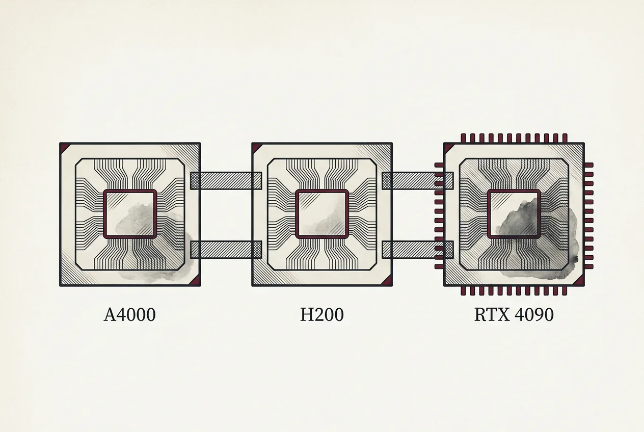 Сравнение характеристик видеокарт NVIDIA A4000, H200 и RTX 4090 в виде гравюры