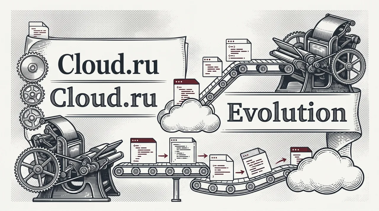 Газетная гравюра инструментов Cloud.ru Evolution для автоматизации CI/CD и разработки