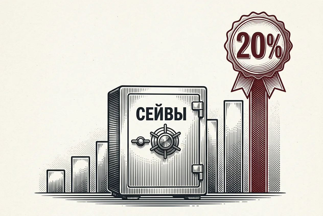 Газетная иллюстрация-инфографика с сейфом и повышением ставки по накопительным счетам до 20%.