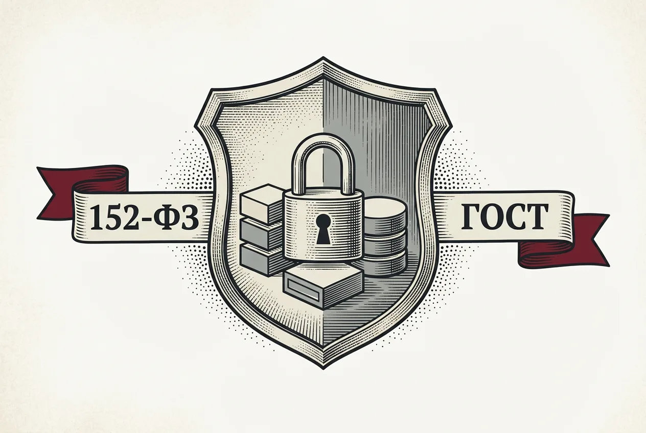 Символическая гравюра соответствия хранилища VK Cloud требованиям 152-ФЗ и шифрованию ГОСТ