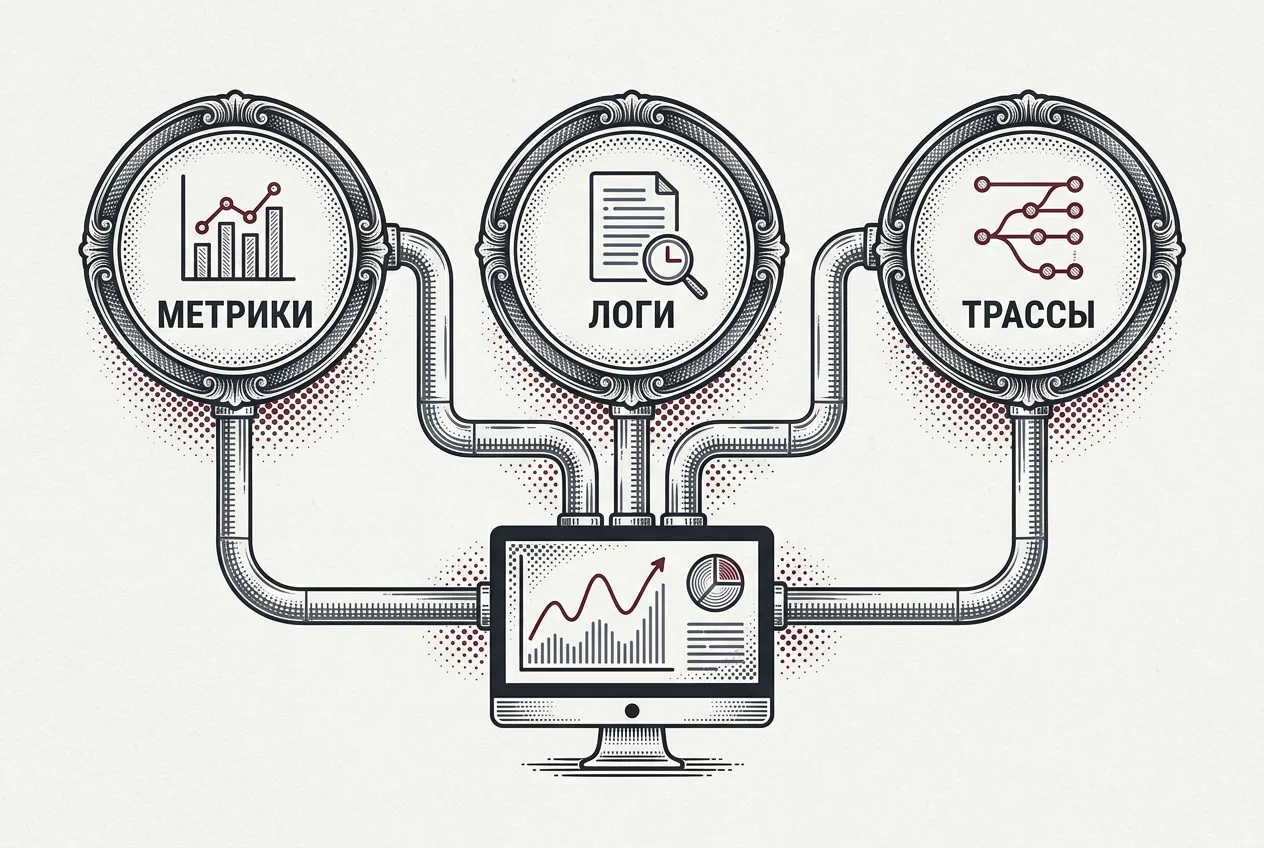 Гравюрная инфографика компонентов C-VIEW: метрики, логи и трассировки