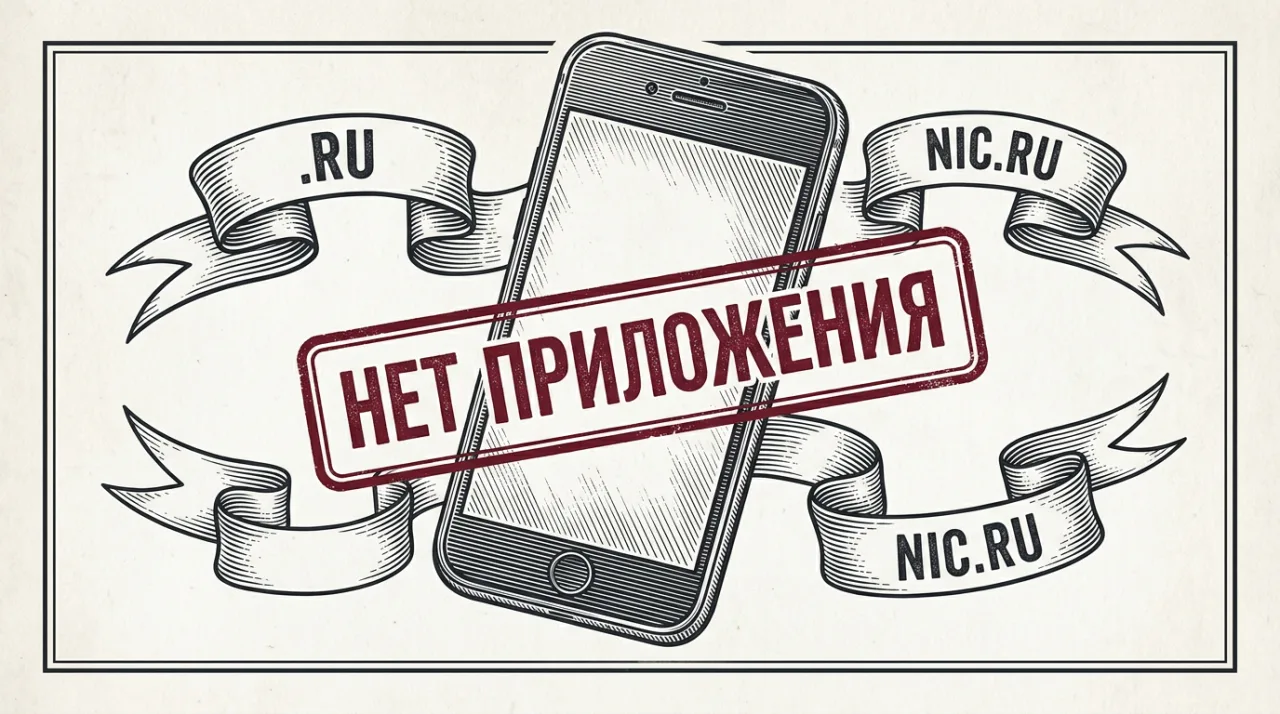 Газетная гравюра смартфона со штампом об отсутствии отдельного мобильного приложения Ru-Center.