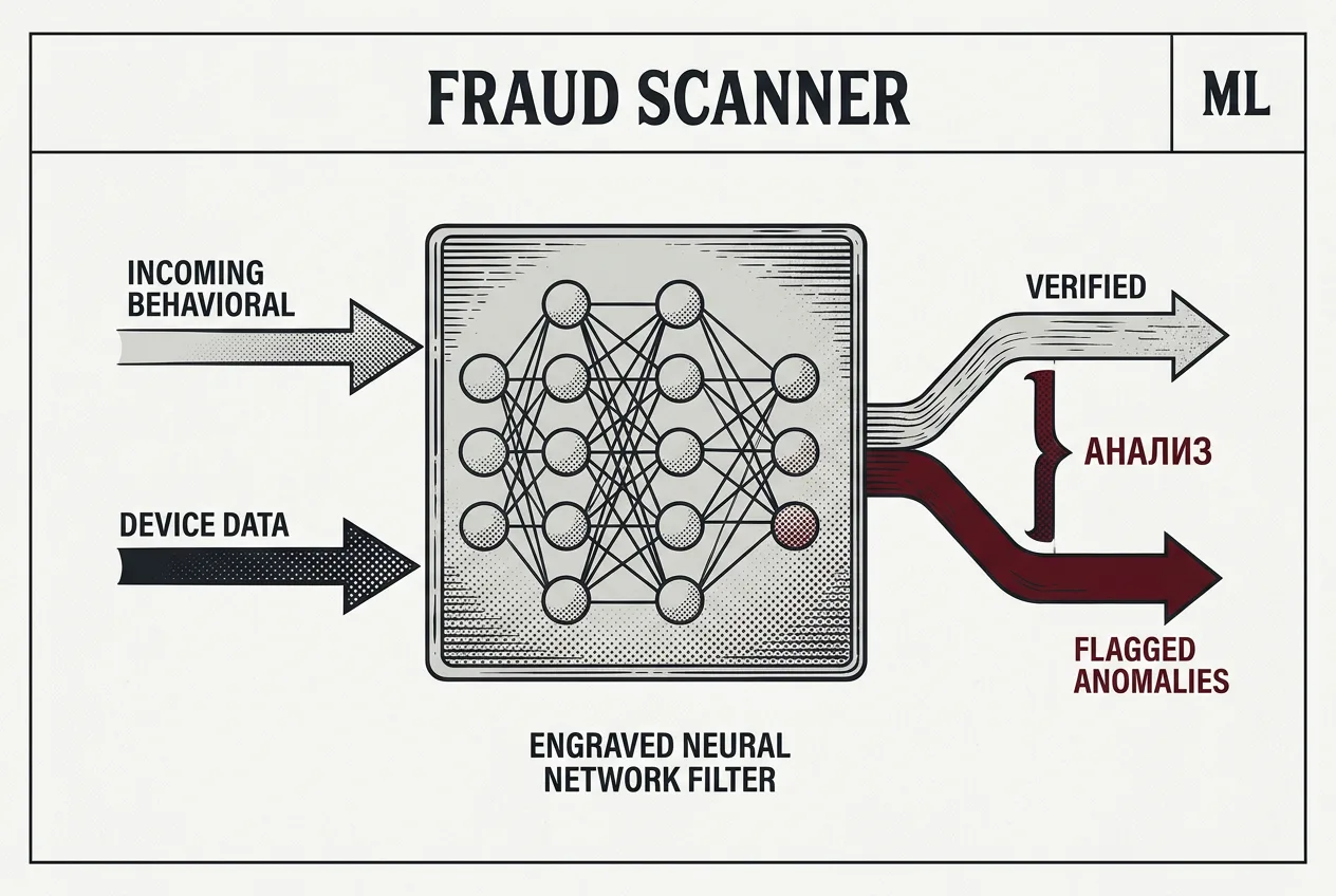 Схема работы алгоритмов Fraud Scanner в платформе MyTracker для выявления фрода