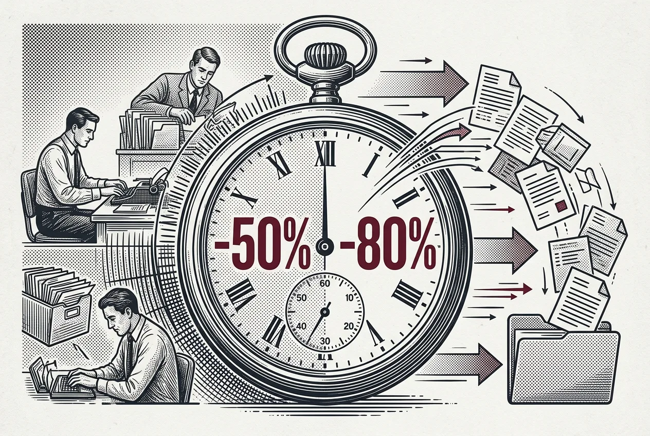 Винтажная инфографика с сокращением времени офисных задач на 50% и 80% благодаря MWS AI Cowork