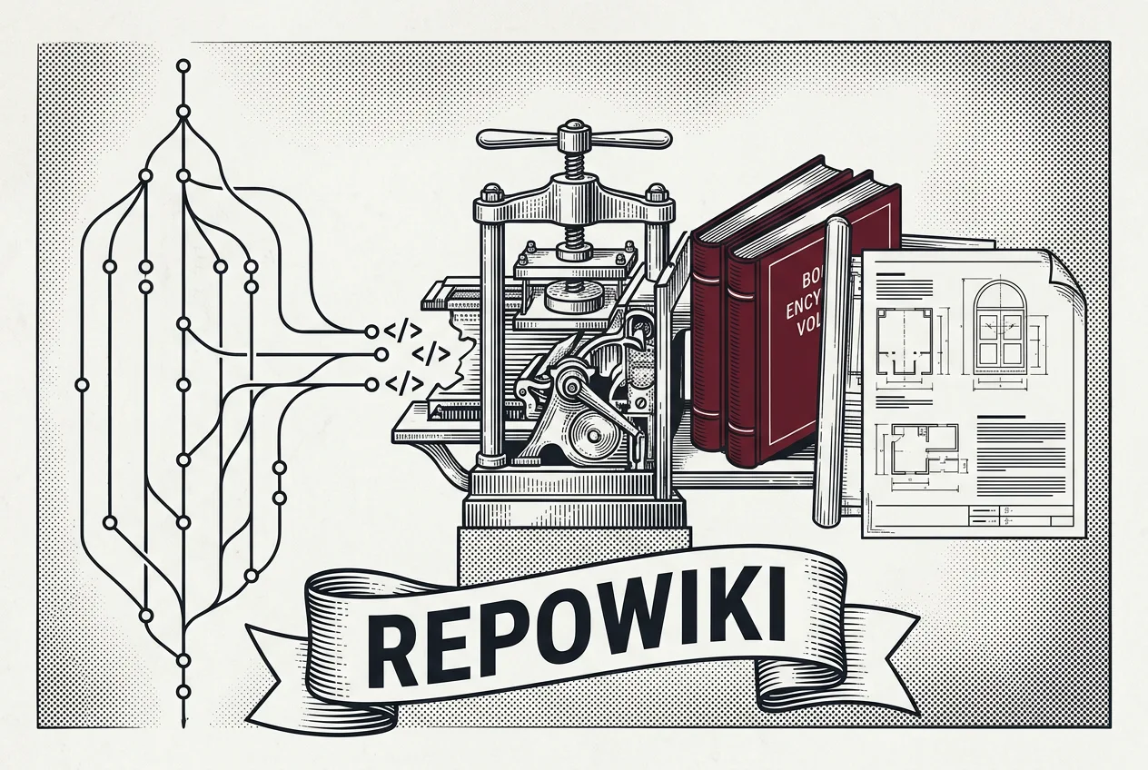 Инфографика RepoWiki от Cloud.ru: преобразование кода репозитория в документацию в стиле гравюры.